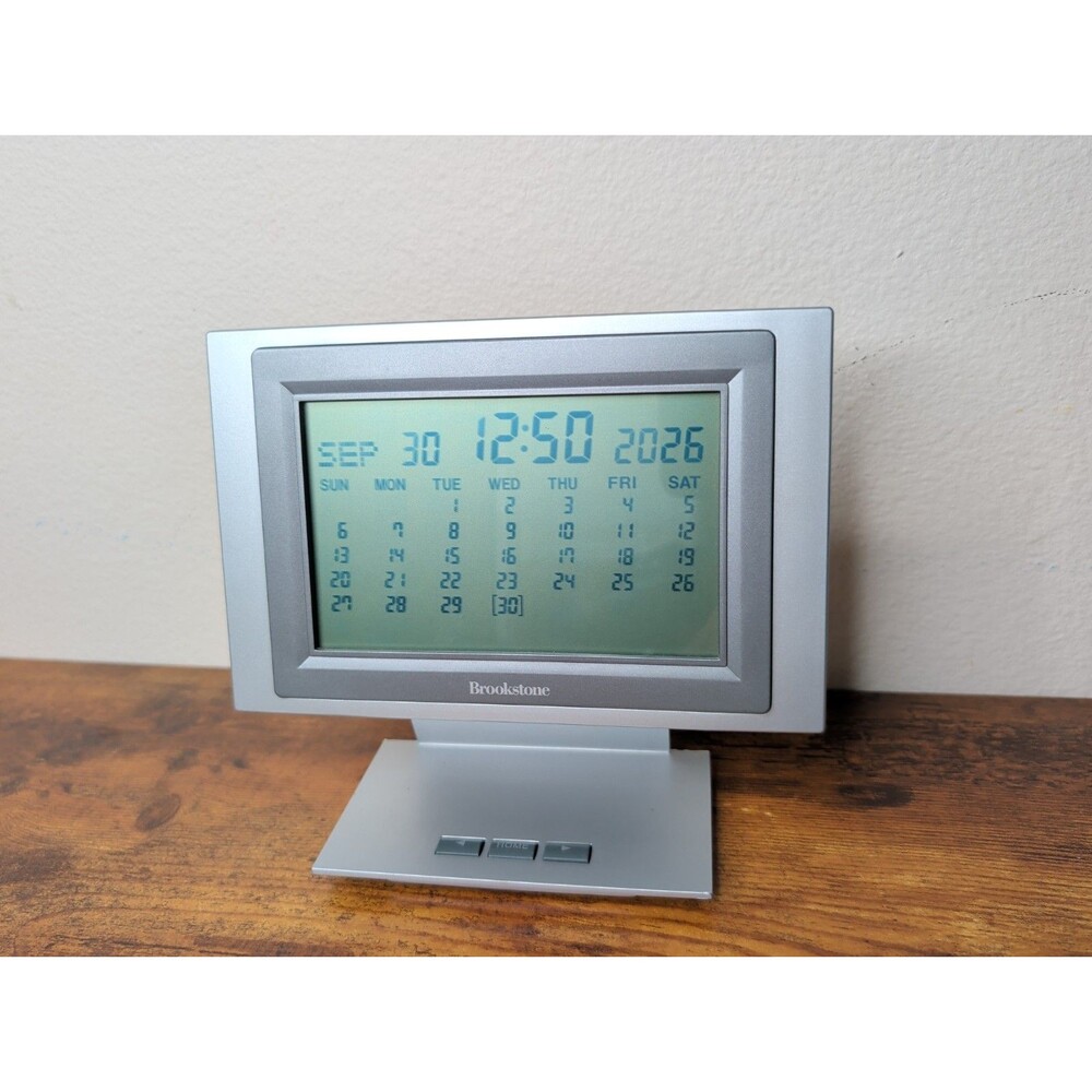 Vintage Brookstone 100-Year LCD Digital Calendar Desk Clock Silver Model 575282